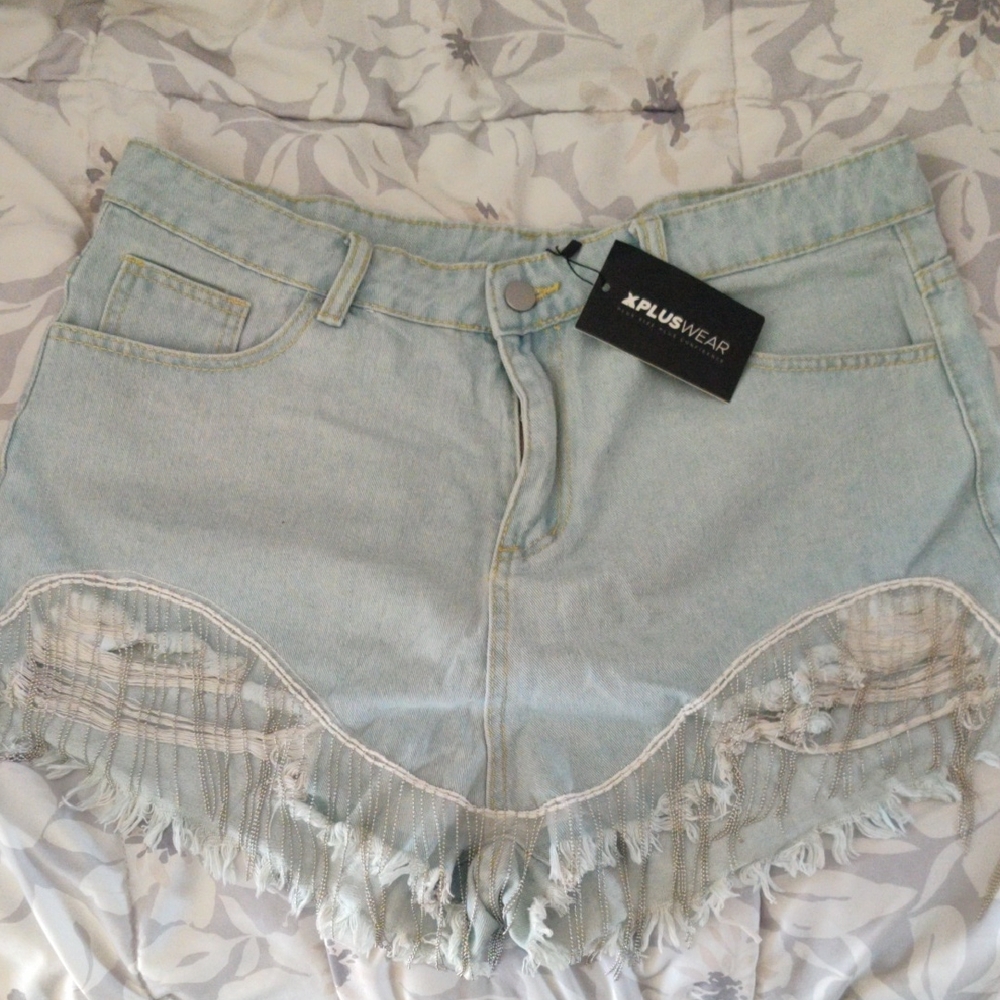 X-Plus Wear Light Wash Denim Jean Shorts with Beaded Fringe